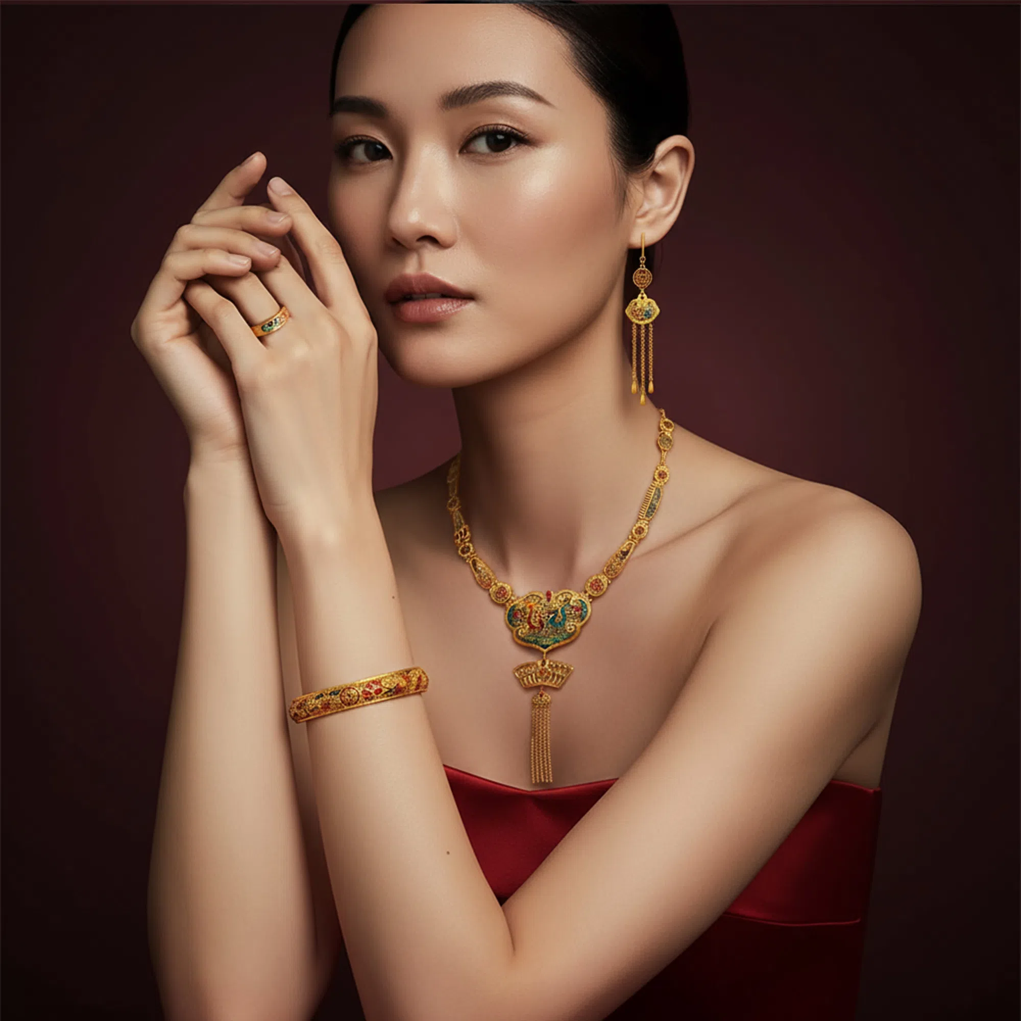 以24K黄金打造的Treasure of Adoration四点金套装，以精致的龙凤纹样雕饰传递吉祥寓意。（宝兴珠宝提供）