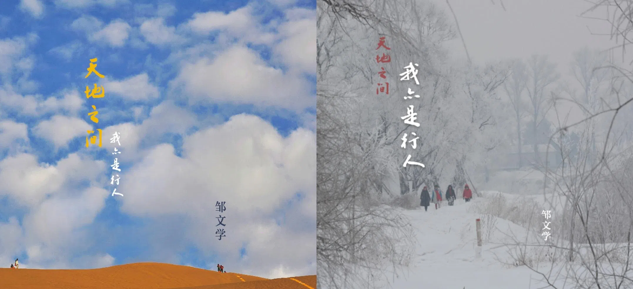 摄影集的标题突出“天地之间”，收录了180张风景照；游记封面则突出“我亦是行人”。（受访者提供）