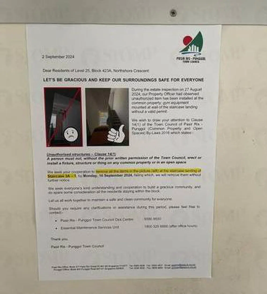 市镇会贴上通告，要求安装者移除健身器材。（取自STOMP）