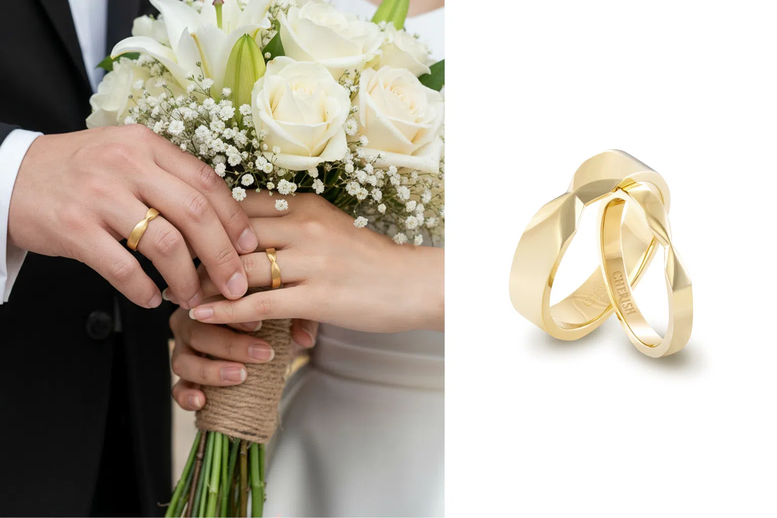 宝兴珠宝Cherish系列的Timeless Love 22K香槟金对戒，将简约的圆环戒圈结合扭结元素，带来极富雕塑感的现代设计。（宝兴珠宝提供）