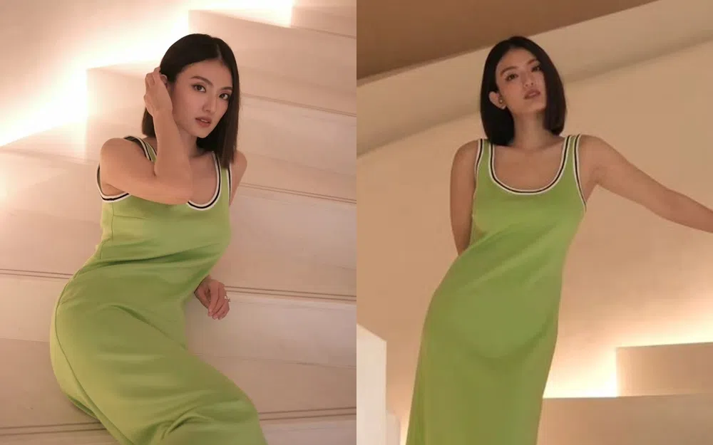 洪凌7月2日发的绿色连衣长裙照片，令网民误会她好“孕”到了。（取自洪凌IG）