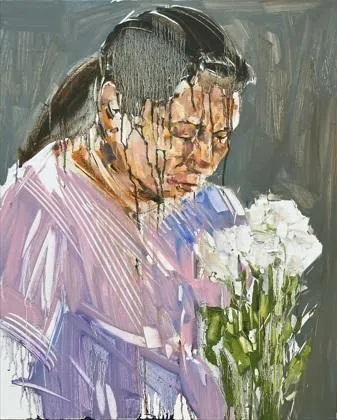 巫思远油画“290315 #1”（2015） 描绘国人对李光耀的哀悼。（主办方提供）