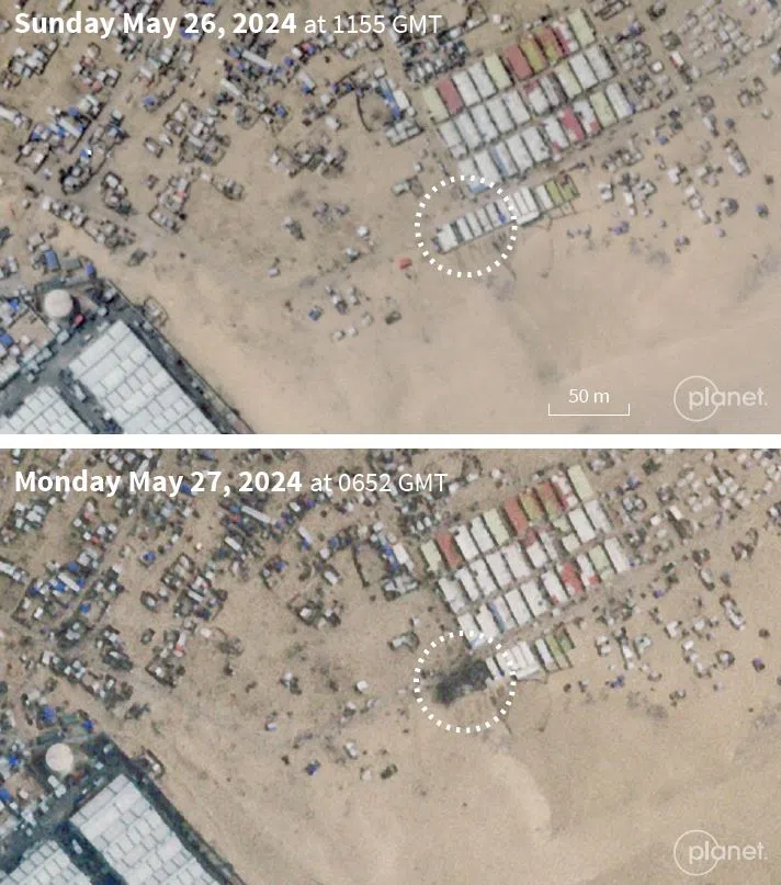 在星期天晚上的空袭之后，一场大火烧毁了营地。以军称，仅凭其弹药不可能造成致命的大火。（法新社）