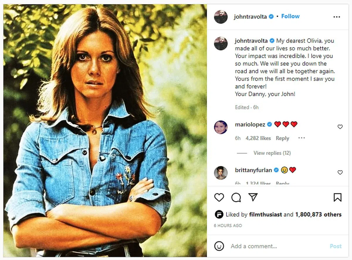 John Travolta在社媒上贴出一张Olivia Newton-John的旧照，缅怀他的好搭档。（图/截自IG） 