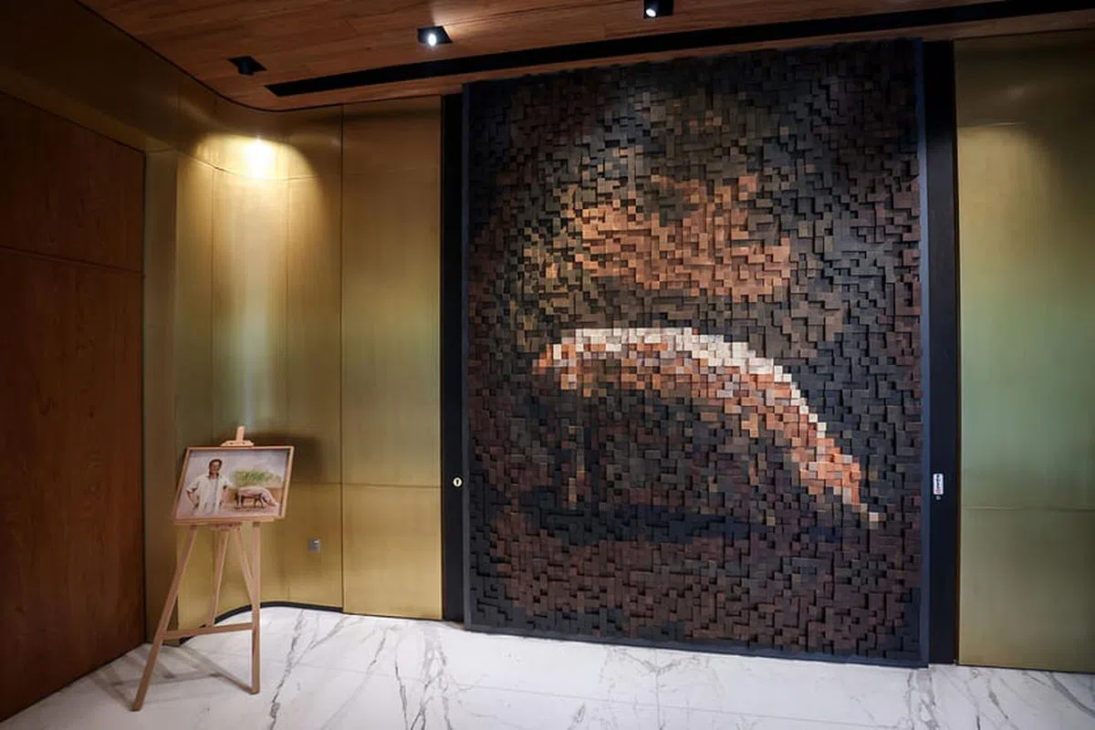 玄关这幅巨型抽象画原来是一头猪。（叶振忠摄）