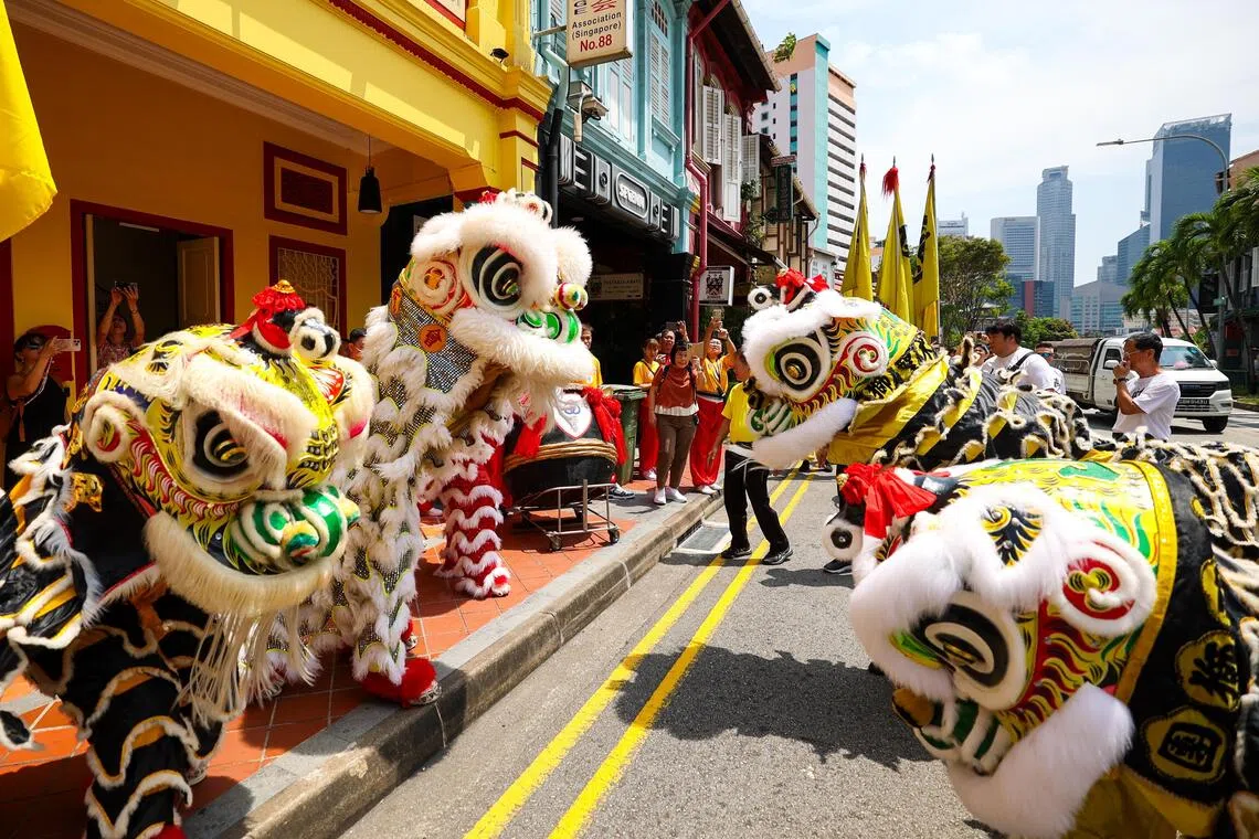 新加坡鹤山会馆武术醒狮团派出队伍巡礼。（林明顺摄）