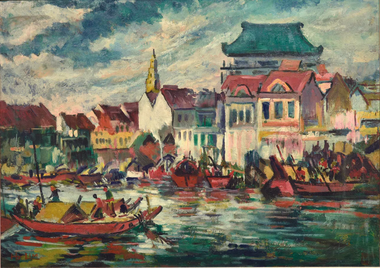 林学大木板油画《新加坡河》。（秋斋珍藏）