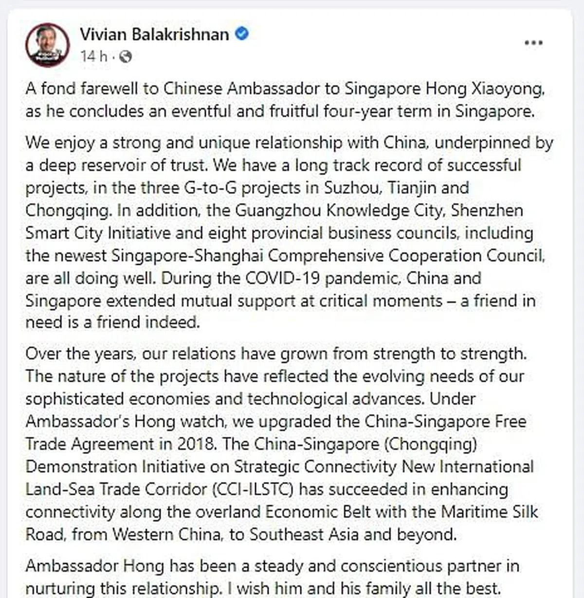 新加坡外交部长维文医生昨天（18日）晚上在个人面簿发帖与洪小勇道别。（维文面簿截图）