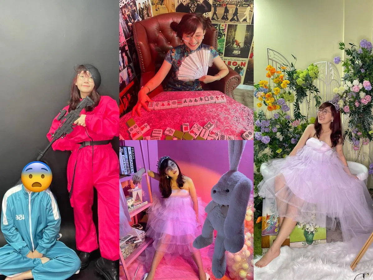 记者自费体验自拍馆，拥有众多服饰和场景供人自拍。