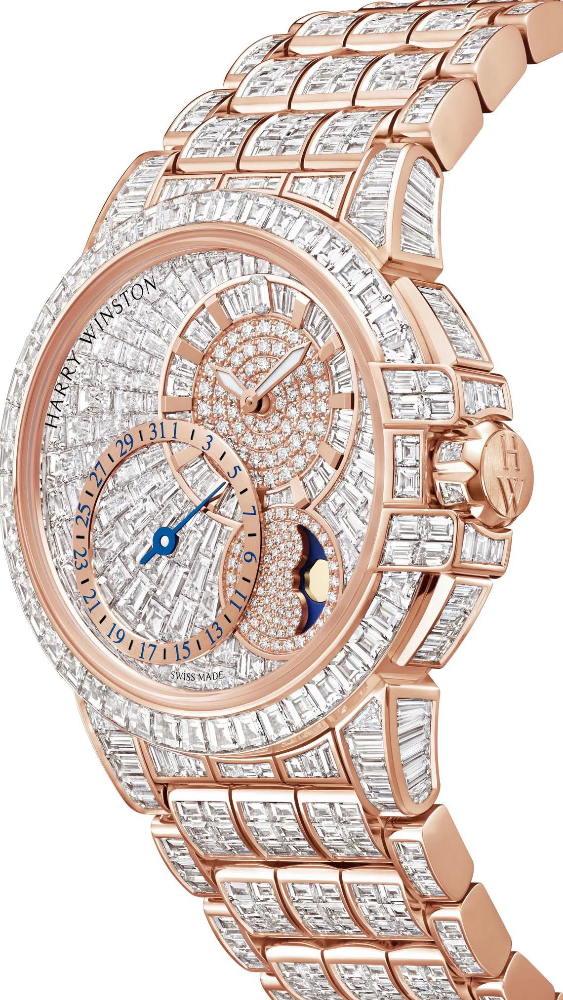 Ocean Date Moon Phase限量版，表壳镶嵌约38克拉长形切割钻石。（海瑞温斯顿提供）