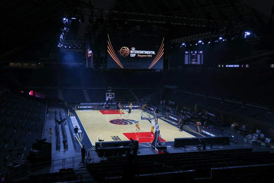 篮球俱乐部世界杯赛前期工作已经准备就绪。图为新加坡室内体育馆。（白艳琳摄）