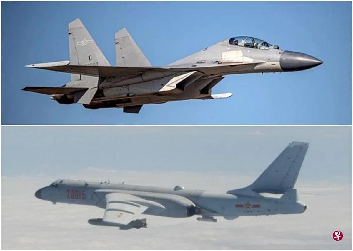 大陆出动150架次军机进入台防空识别区，其中歼-16战机（上）和轰-6战略轰炸机的次数较多。（台国防部官网）