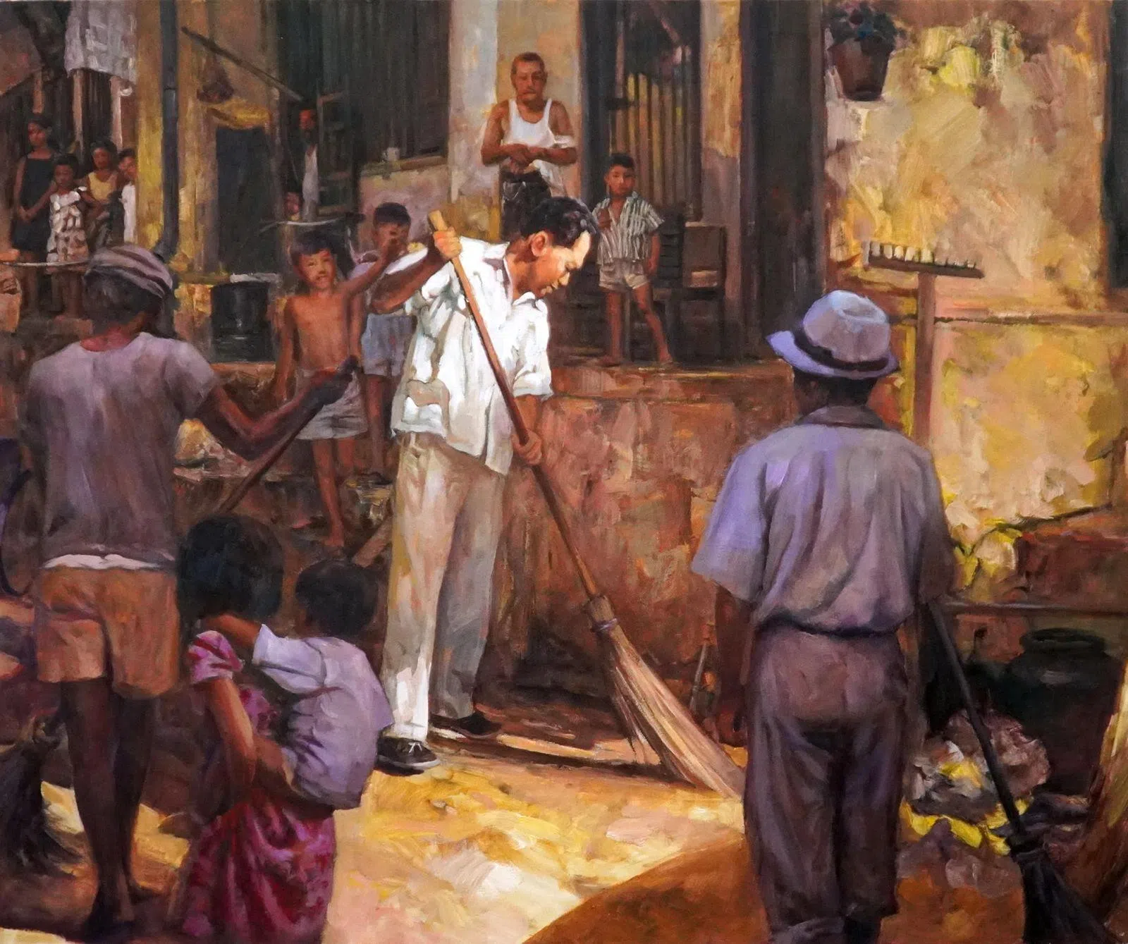范少华油画《清洁力度》，纪念建国总理李光耀倡议的城市清洁运动。（受访者提供）