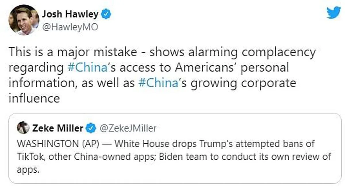 共和党参议员霍利(Josh Hawley)在推特上说：“（这）显示出在中国获取美国人个人信息和中国日益增加的企业影响力方面有着令人担忧的自满”。（推特截取）
