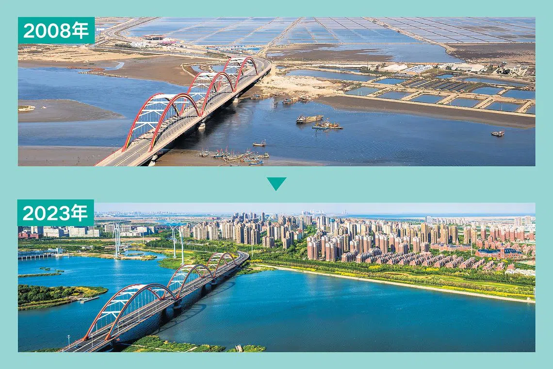 中新天津生态城由一片盐碱荒滩到一座宜居宜业宜游宜乐美丽滨海城市的转变。（图/中新天津生态城提供）