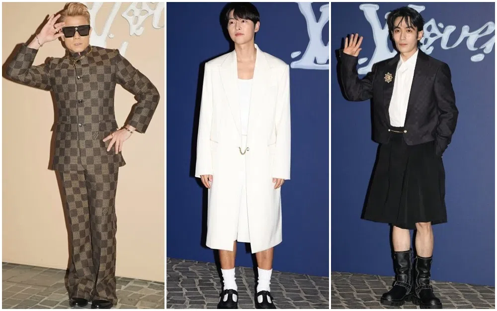 郭富城（左起）、宋仲基和朱一龙的服装引起讨论。（互联网）