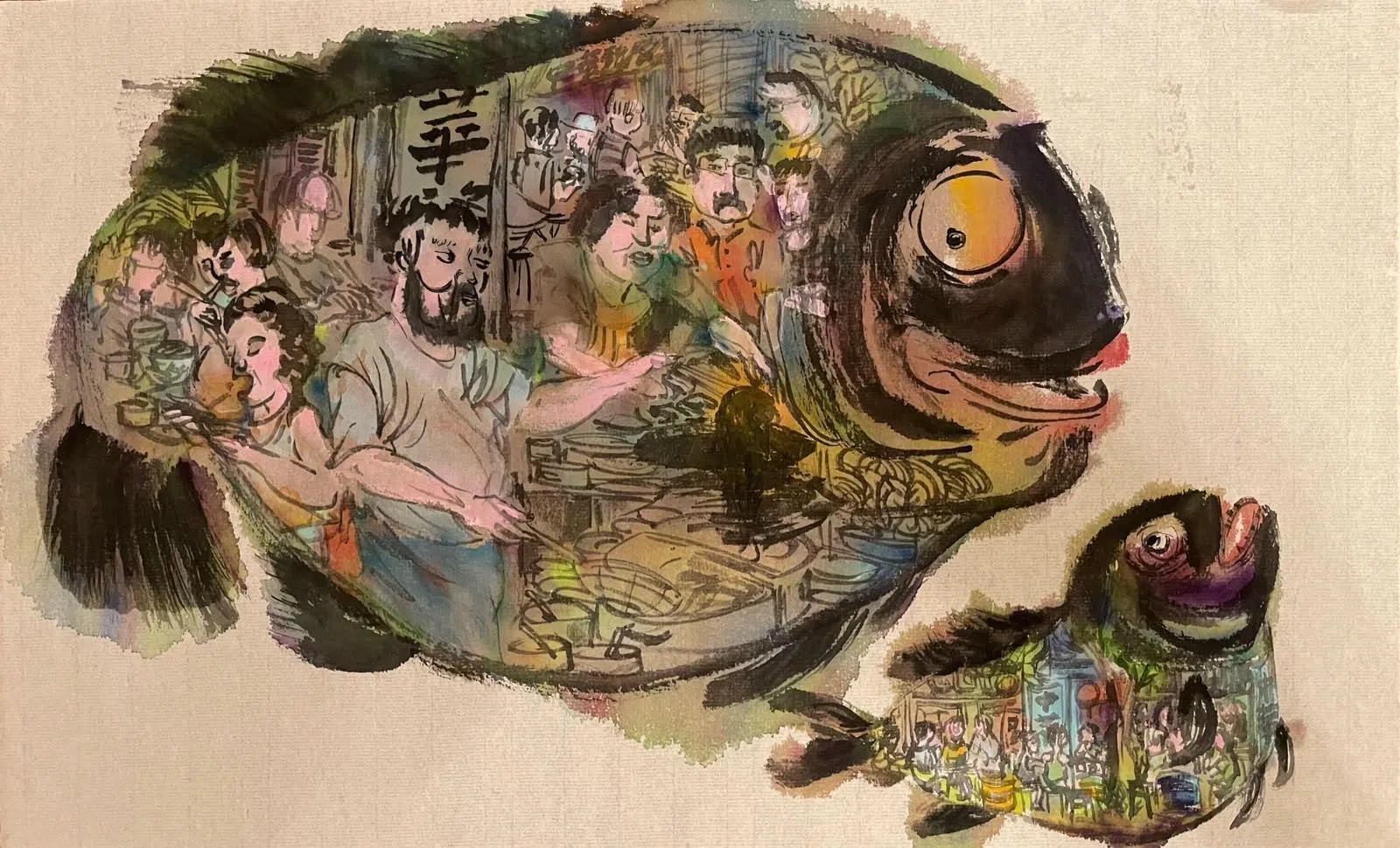 美国医生莫比的水墨画《鱼腹人间》感怀新加坡美食。（莫尼提供）