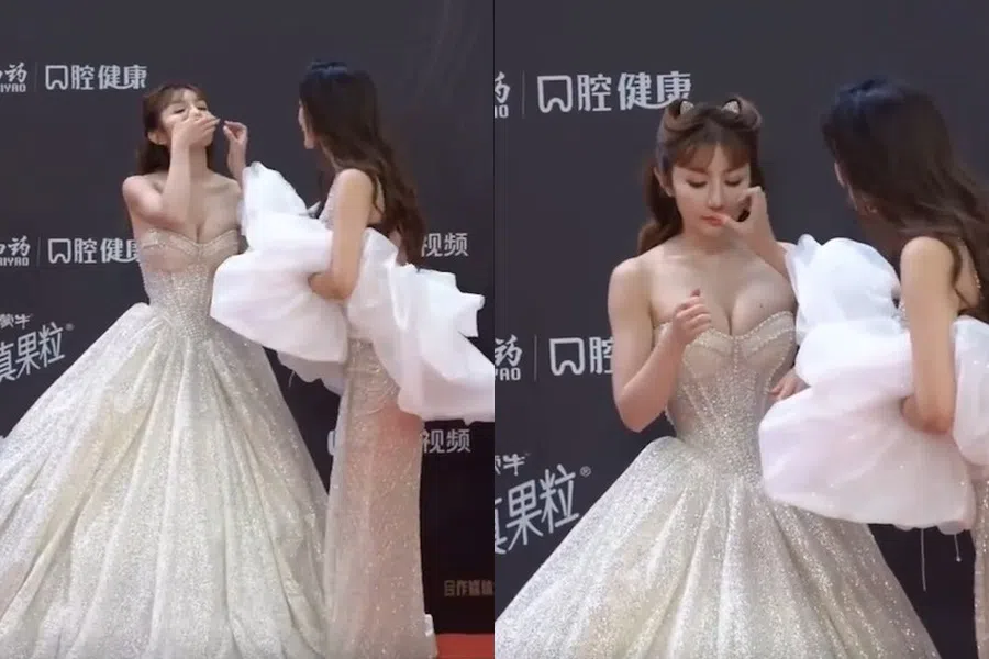 上淇在红毯上流鼻血，身旁的女艺人伸出援手。（视频截图）