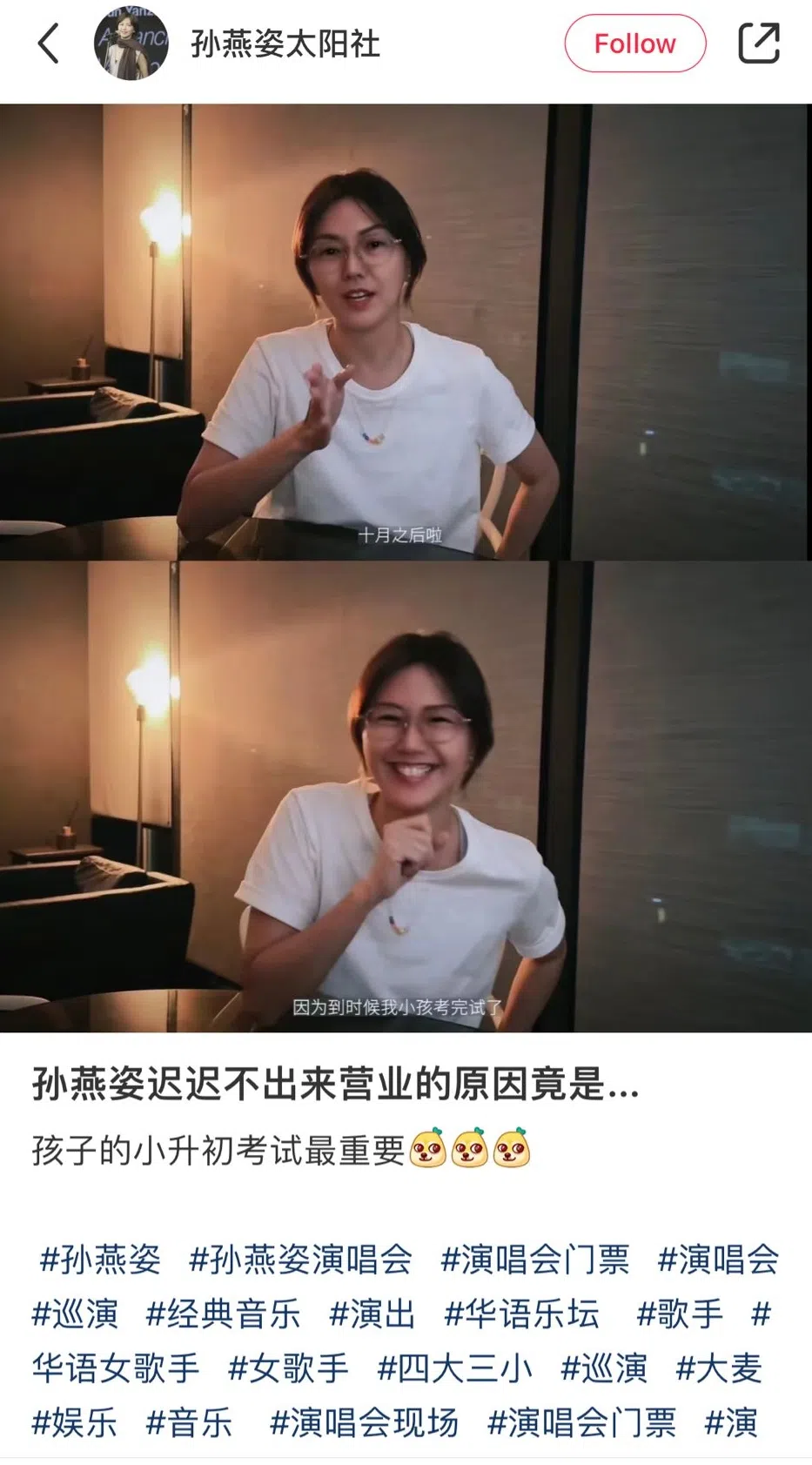 孙燕姿透露目前在陪孩子备考，10月之后才会正式出来和大家见面。（小红书截图）