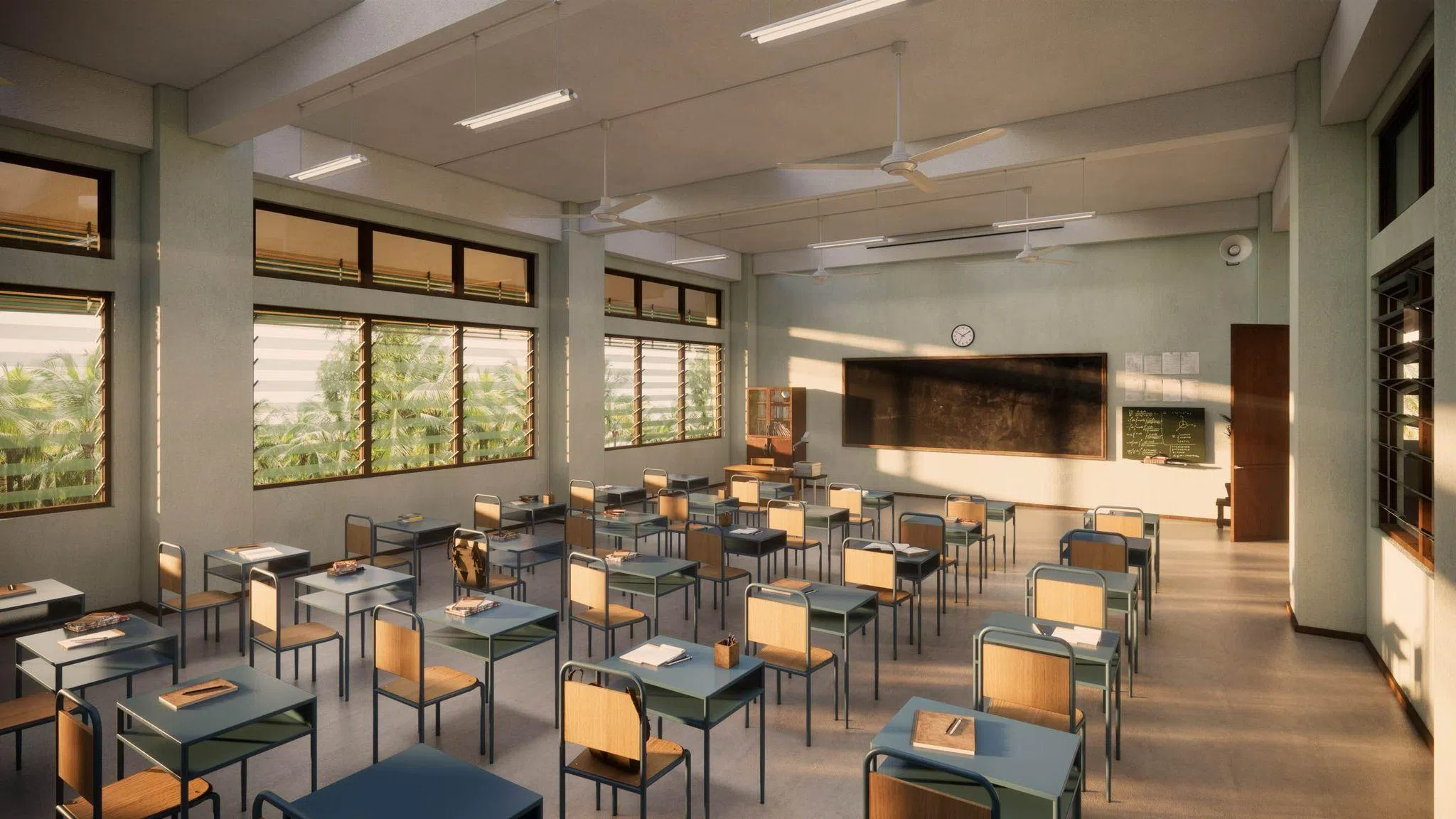 “校园时光机”特展呈现一个仿照六七十年代校园打造的虚拟空间，观众可“走进”教室、礼堂、操场、教师办公室与校门口五大场景。图为教室画面。（UNIGONS Z团队提供）