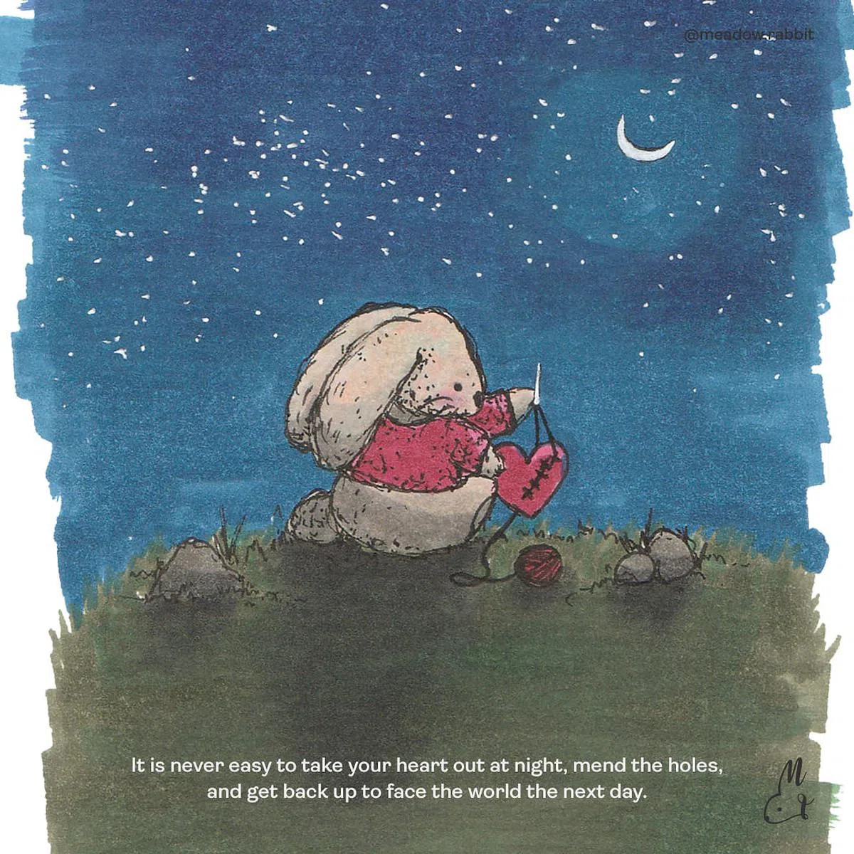 每幅插画下面配一两句直抒胸臆的文字： 在夜晚把心拿出来缝补破洞，第二天起床继 续面对这个世界——这绝非易事。（图片由受访者提供）
