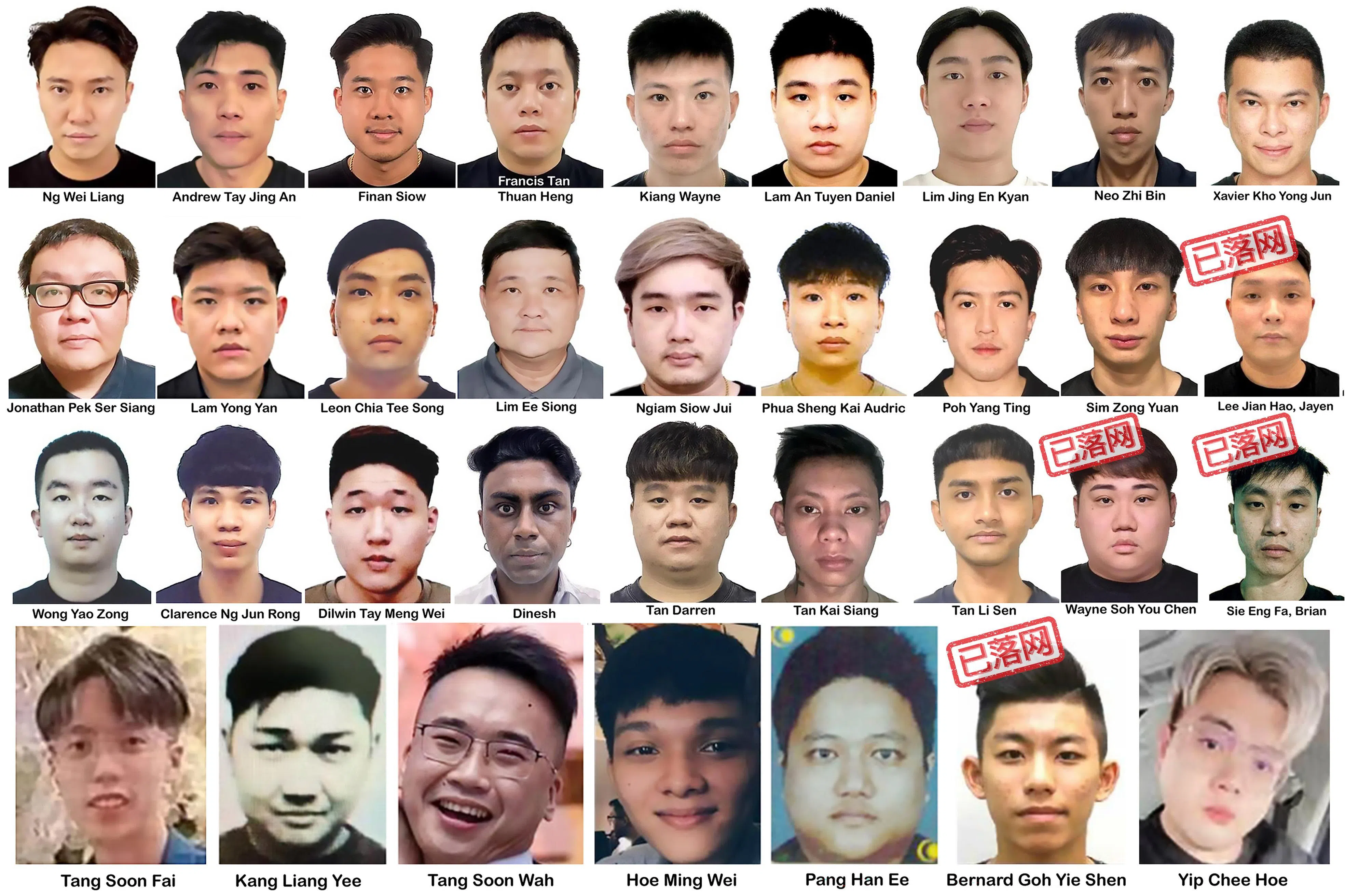 新加坡警察部队10月底发出通缉名单，有27名新加坡人和七名马来西亚人上榜，李健豪（第二排右一）是第四名落网的嫌犯。（王彦燕制图）