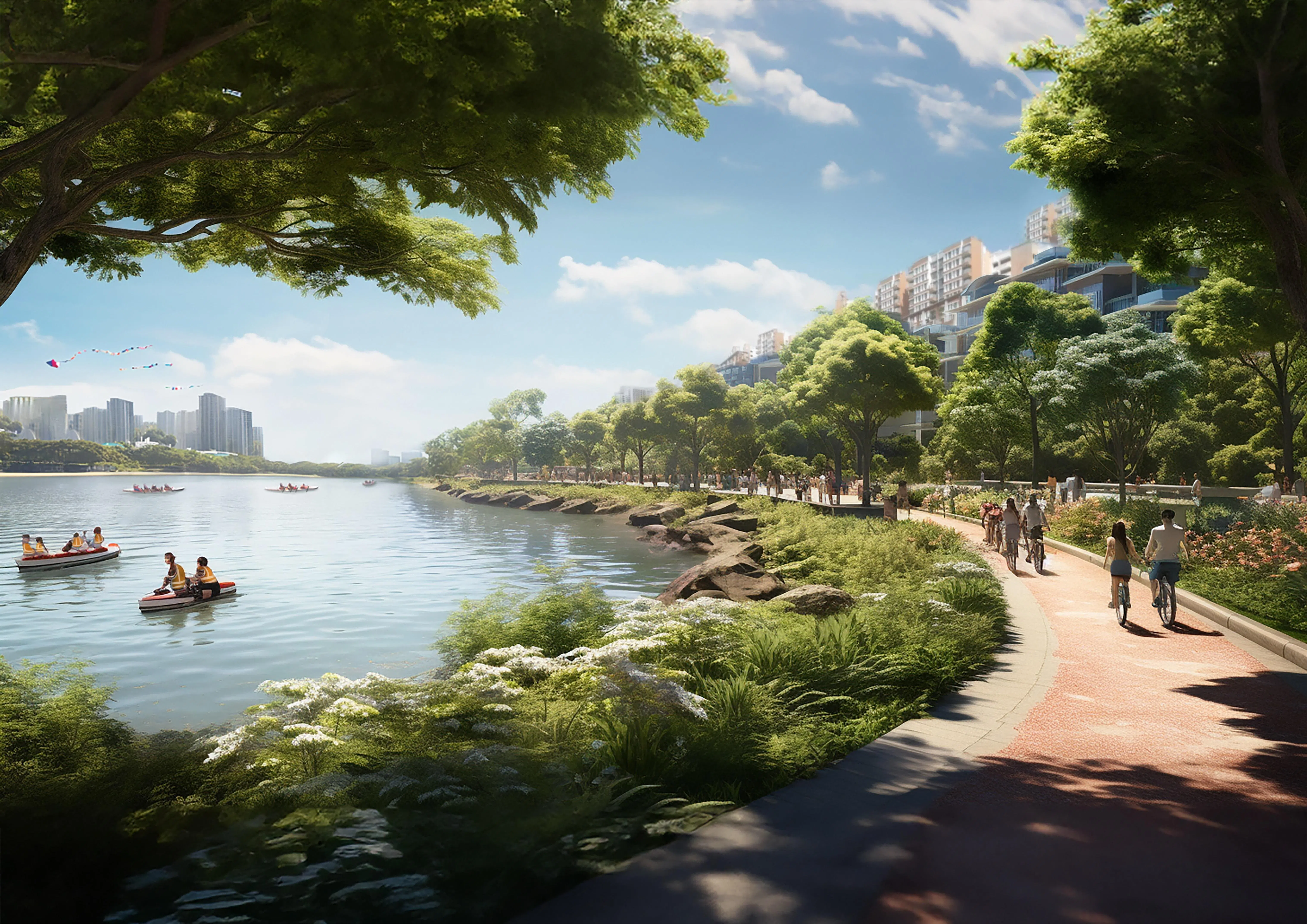 根据构想图，右边是我国计划填海兴建的“长岛”，这个人工岛上可建设休闲设施和住宅等。从长岛眺望对岸可看到东海岸公园，图中的水域是新的蓄水池。（市区重建局构想图）