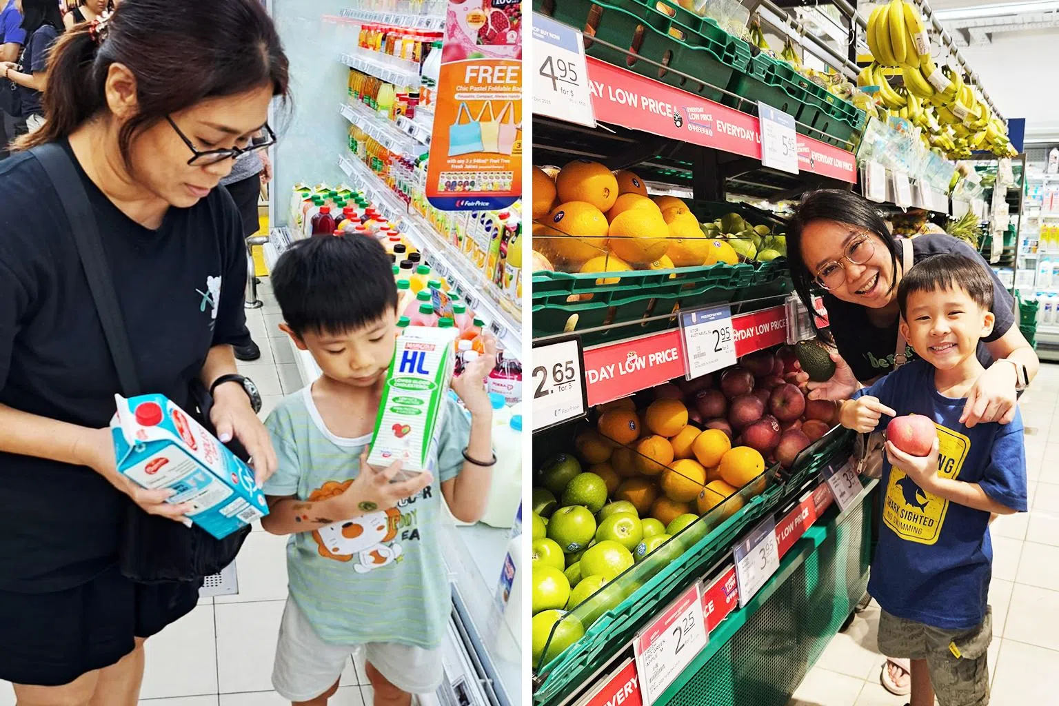 职总优儿学府幼乐园学童叶致贤和母亲沈利旺（左图），以及林綋栛和母亲韩睿君（右图），分别在超市挑选富有营养、较健康选择的食物。（职总优儿学府幼乐园提供）