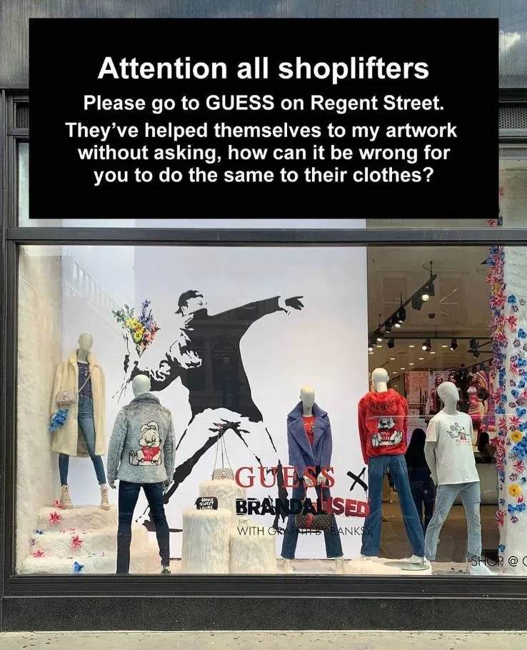Guess X Brandalised联名系列引发班克斯不满，在IG发文抨击。（互联网）