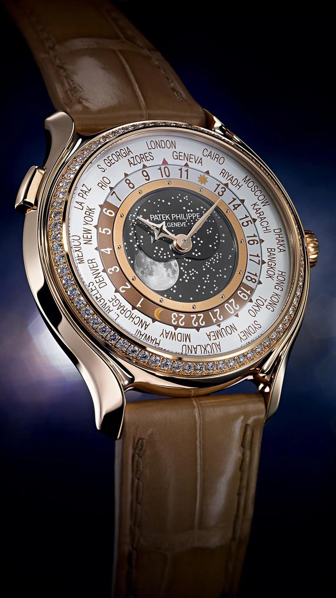 百达翡丽Ref 7175R为限量版玫瑰金镶钻世界时月相腕表，为纪念百达翡丽175周年制作。（百达翡丽提供）