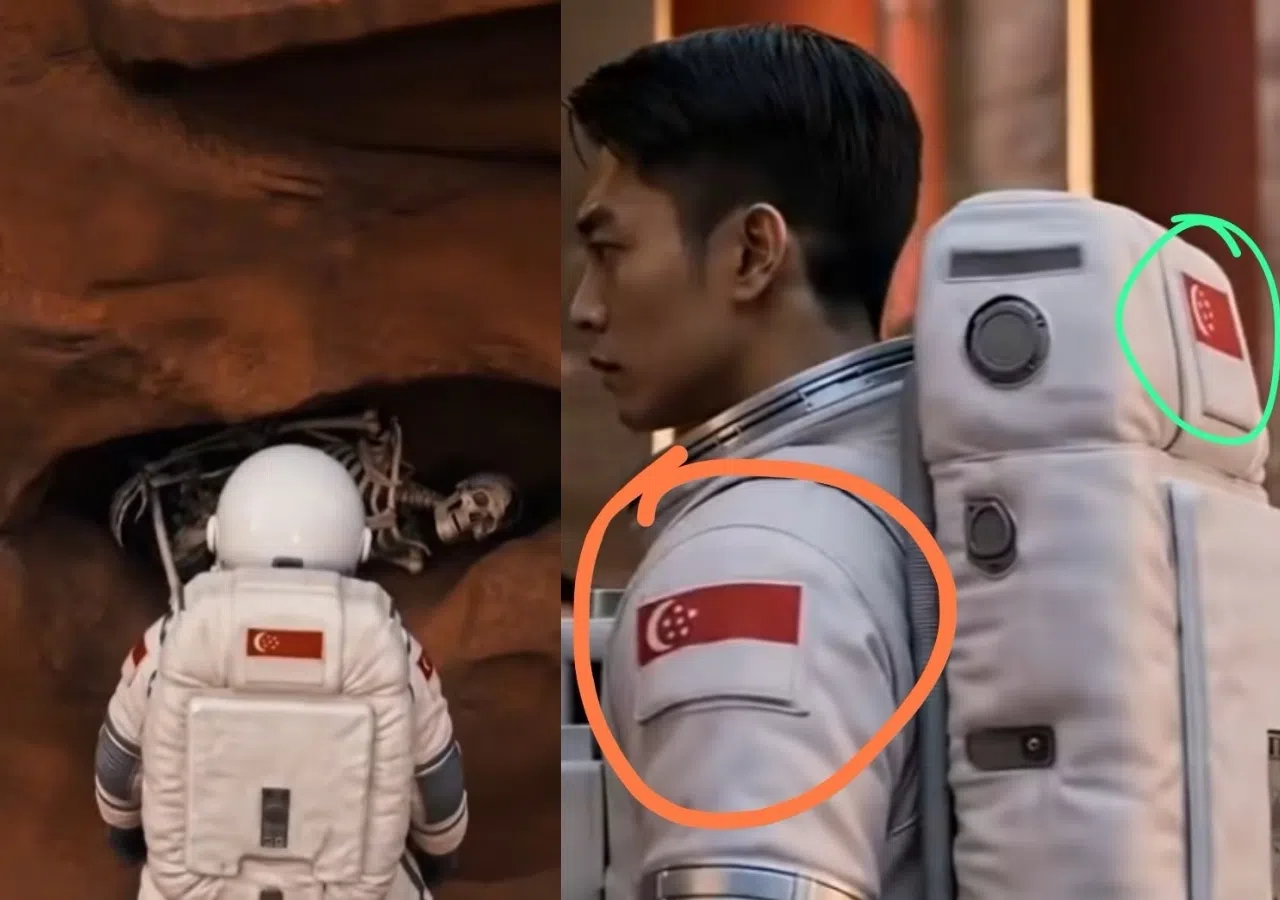 影片中男主角身上的新加坡国旗，一时六颗星一时七颗星，错得很严重。（截图自影片预告片、互联网）