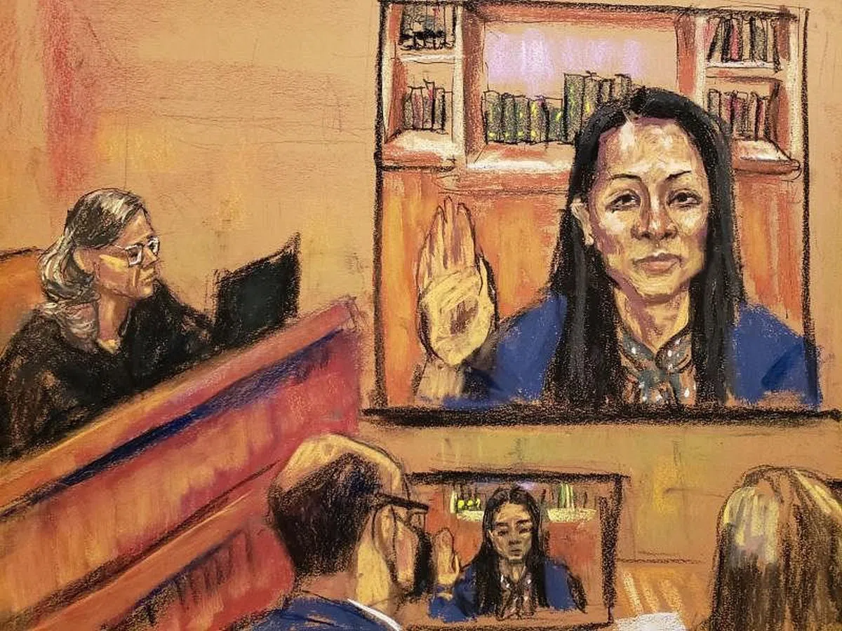 孟晚舟当地时间24日在加拿大温哥华通过视像方式出席美国纽约联邦法院的聆讯。图为法庭画像。（路透社）