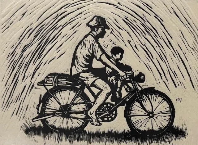 何家良木刻版画旧作《爸爸送我上学》。（TAG提供）