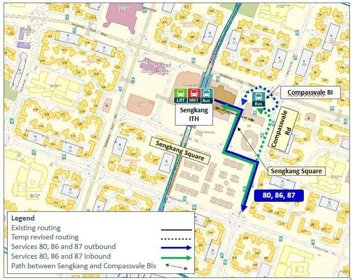 陆交局指出，由于下一阶段的工程需要更大的空间，因此80号、86号、87号、372号和374号巴士服务会从明年1月31日至同年10月底，从毗邻的康埔桦巴士转换站运行。（陆路交通管理局提供）