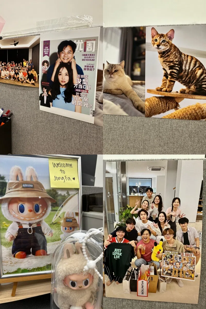 （左上图起顺时针）周崇庆在实习职场的办公桌上贴着他和范文芳的《优1周》封面、爱猫和同学们的照片，以及开工第一天，同事送的Labubu玩偶。（周崇庆提供）