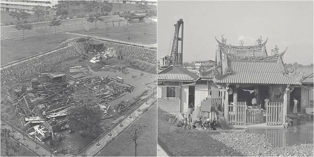 （左图）普忠宫拆除前，庙宇低于地面很多，备受水患之苦。（右图）这是普忠宫原貌，搬到对面新址后尽量根据旧庙重建。（档案照）