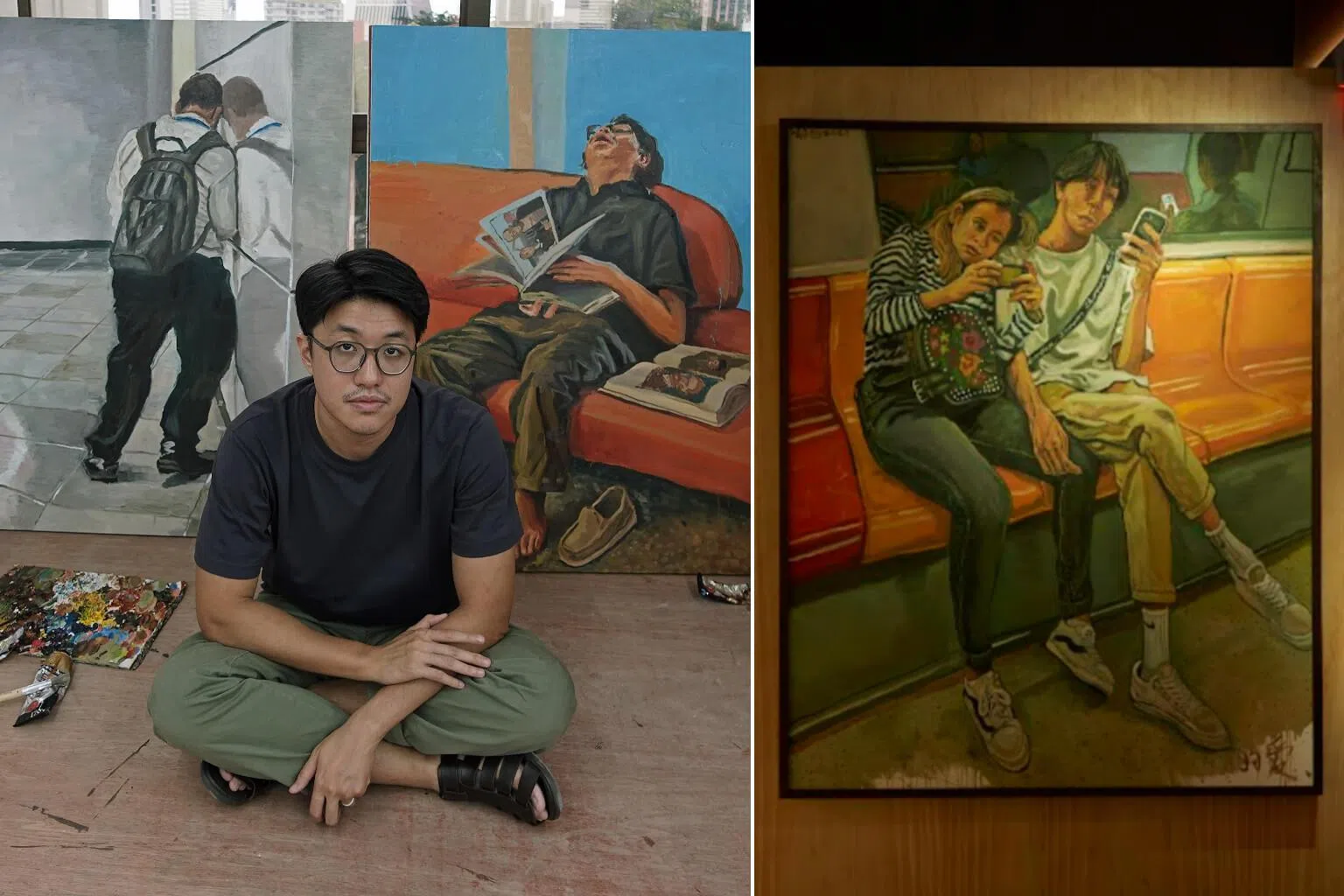 地铁作为新加坡最共享的公共空间，承载着来自不同族群、语言与背景的人们，因此被本地艺术家杨子扬（左）选为了这幅《列车上的恋人》（右）的场景。（（新报业媒体））