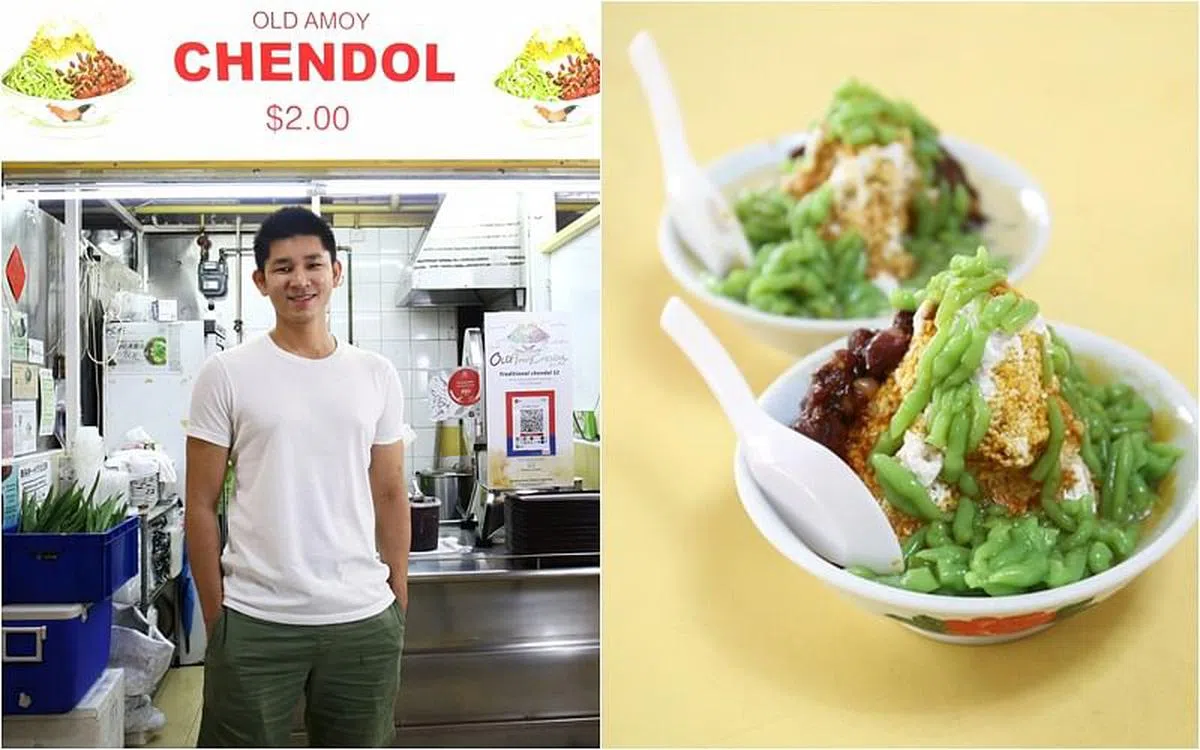 赵有宁（左图）创办Old Amoy Chendol，从一个摊位扩充到目前的七个。他的浆绿每天新鲜制作。（白艳琳摄）