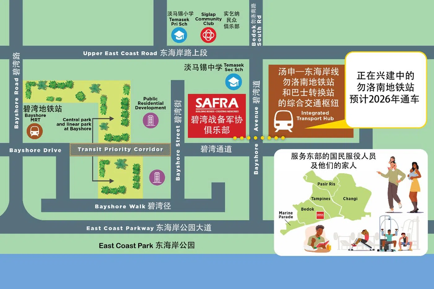 碧湾俱乐部将坐落在汤申—东海岸线的勿洛南地铁站和巴士转换站的综合交通枢纽旁，面积至少会有3万平方米，是当前淡滨尼战备军协俱乐部的两倍。（王彦燕制图）