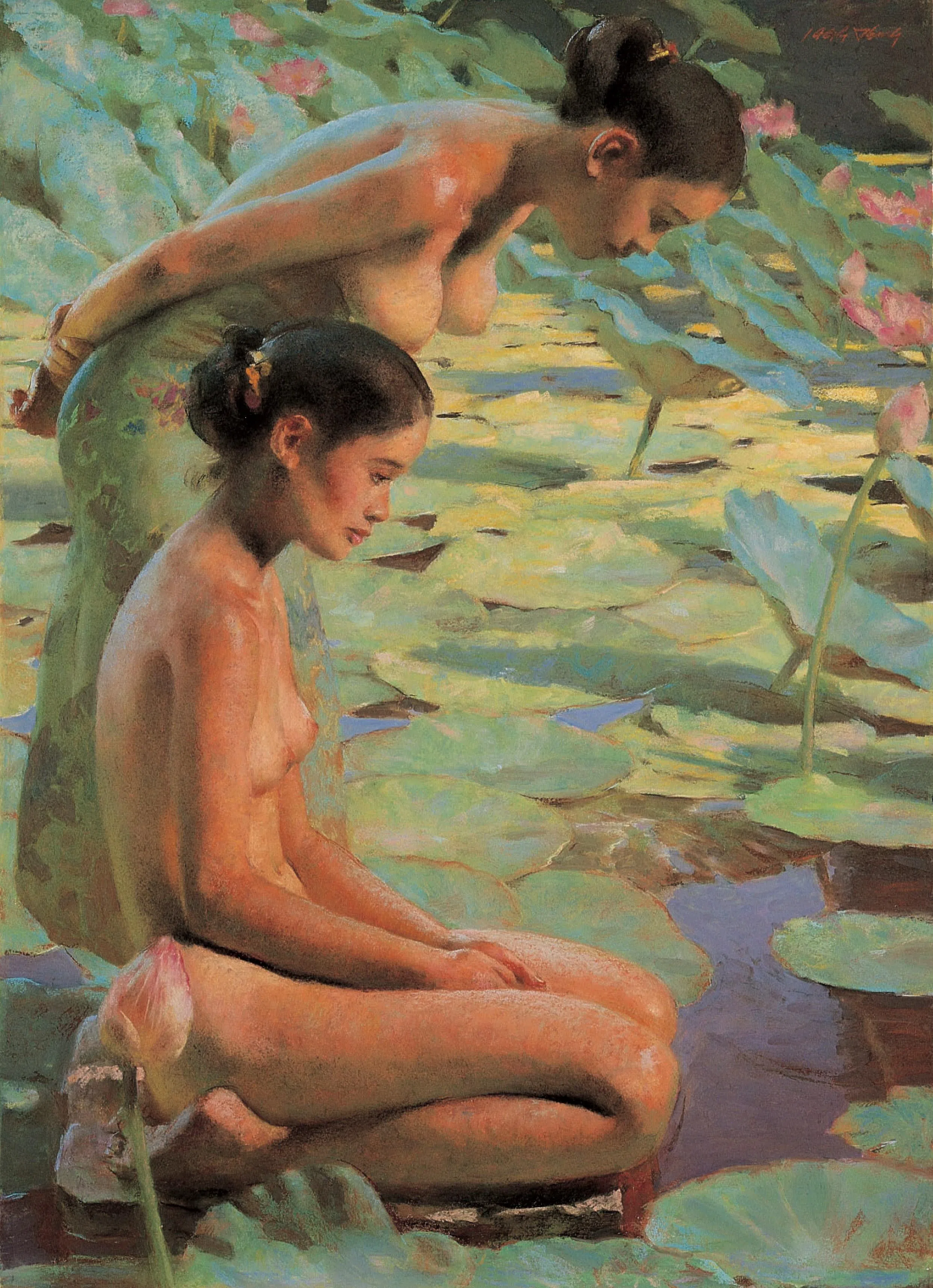 萧学民以莲花池为背景的女体画。（好藏之藏品）