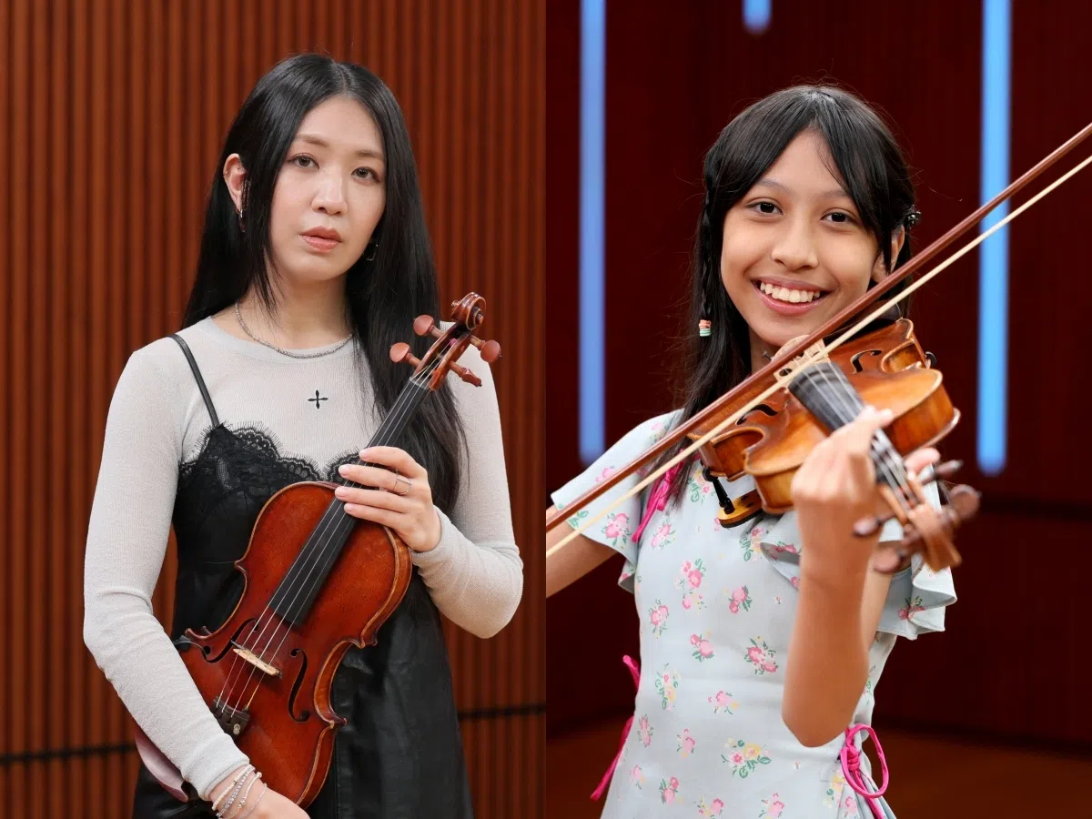 小提琴演奏家杨光爱（左图）和天才小提琴手郭淑琴，为电影女主角拉琴。（龙国雄摄）