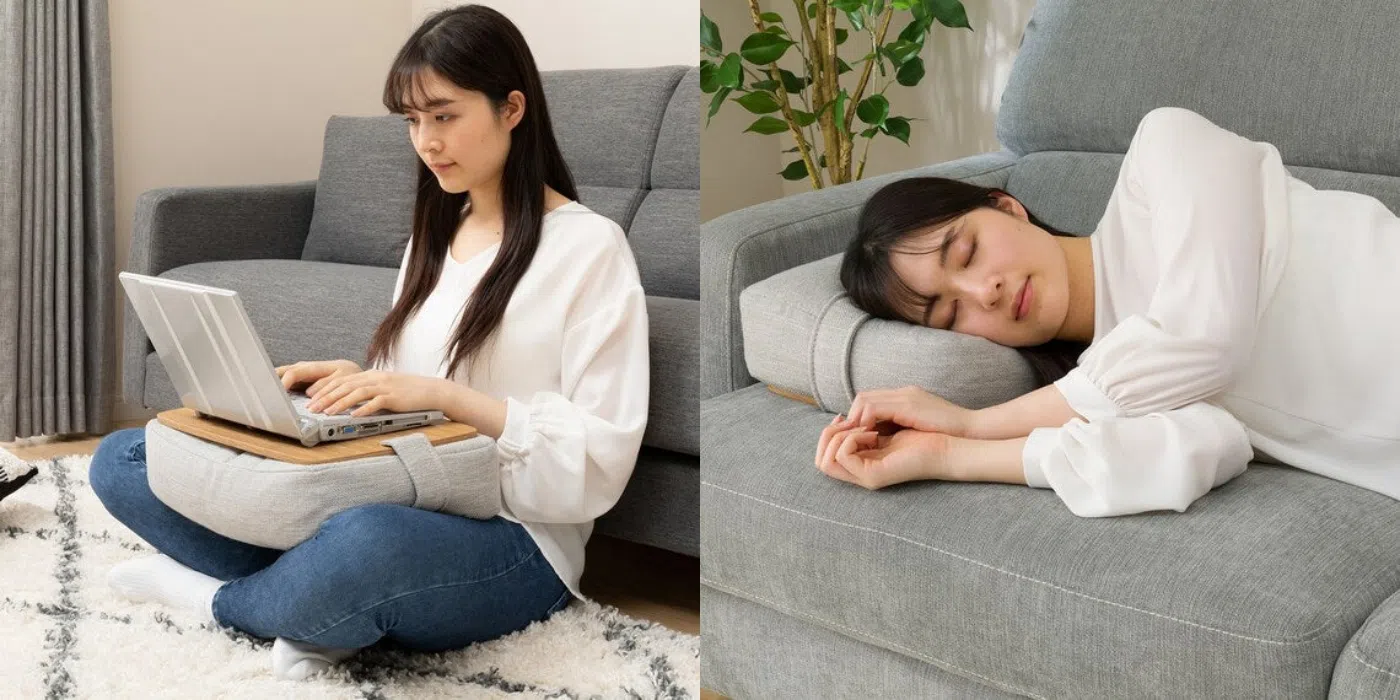 靠垫电脑桌一物两用，一举两得。（互联网）