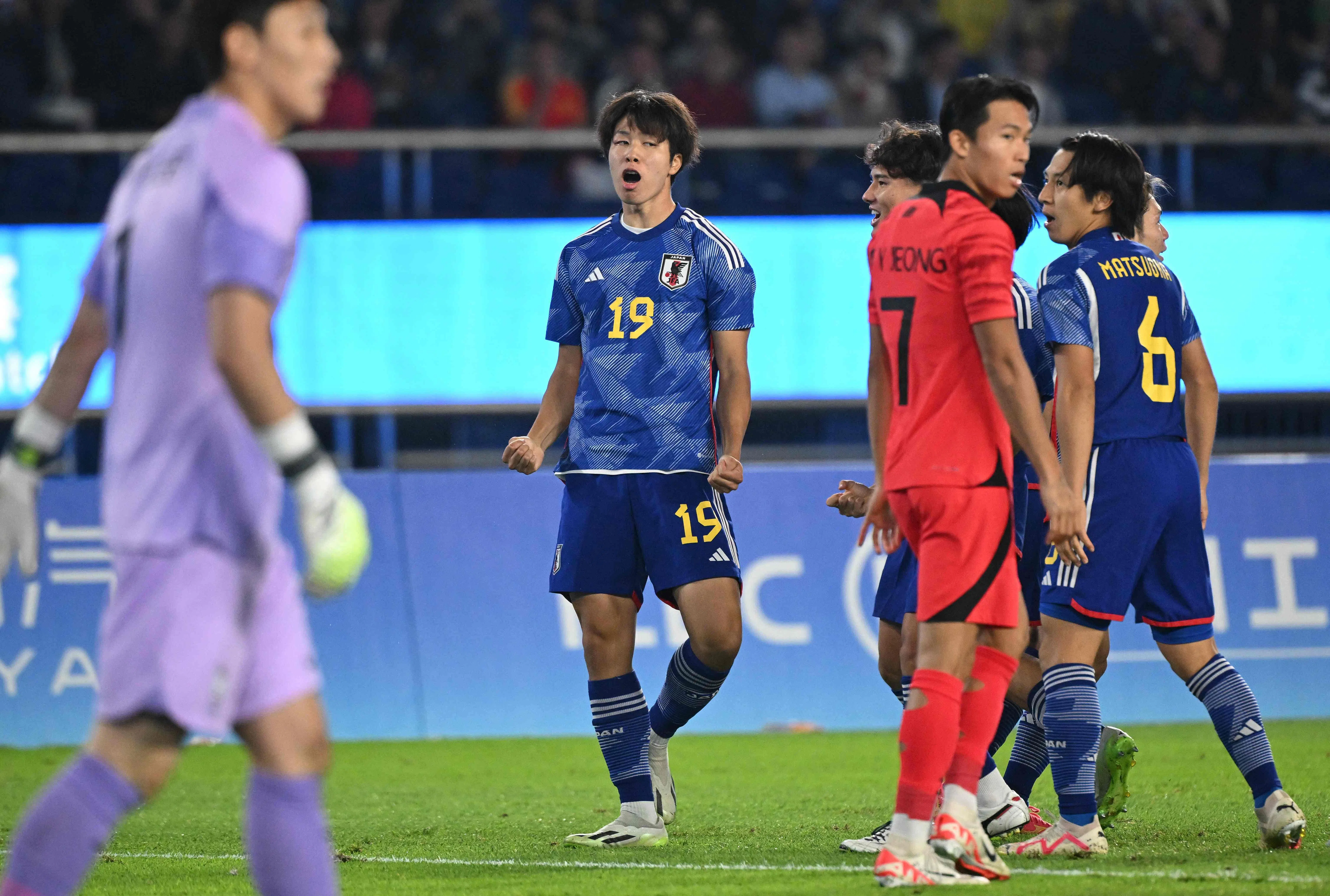 内野航太郎为日本取得梦幻开局，但球队还是连续两届在决赛中输给韩国。（法新社）