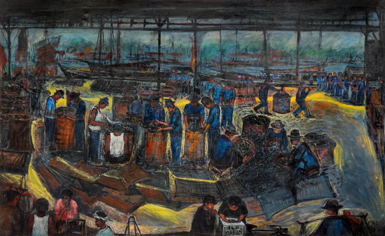 黄光彩油画《丹戎禺木炭厂》。（嘉合画轩提供）