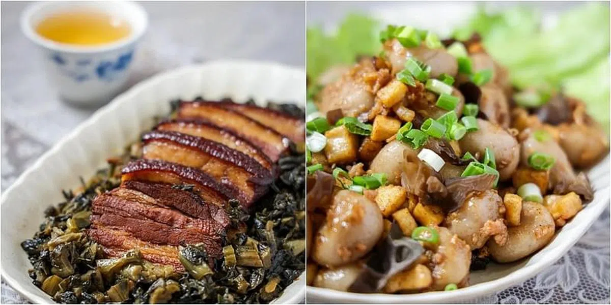 梅村酒家“四大天王”其中两道，梅菜扣肉（左图）与算盘子是客家菜的代表菜式。（叶振忠摄）