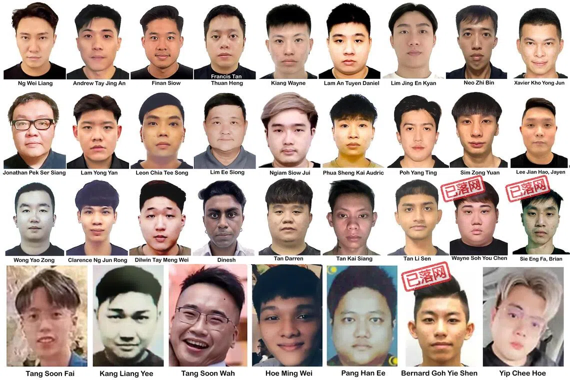 新加坡警察部队10月底发出通缉名单，有27名新加坡人和七名马来西亚人上榜，吴岳申（四排右二）是第三名落网的嫌犯。（王彦燕制图）