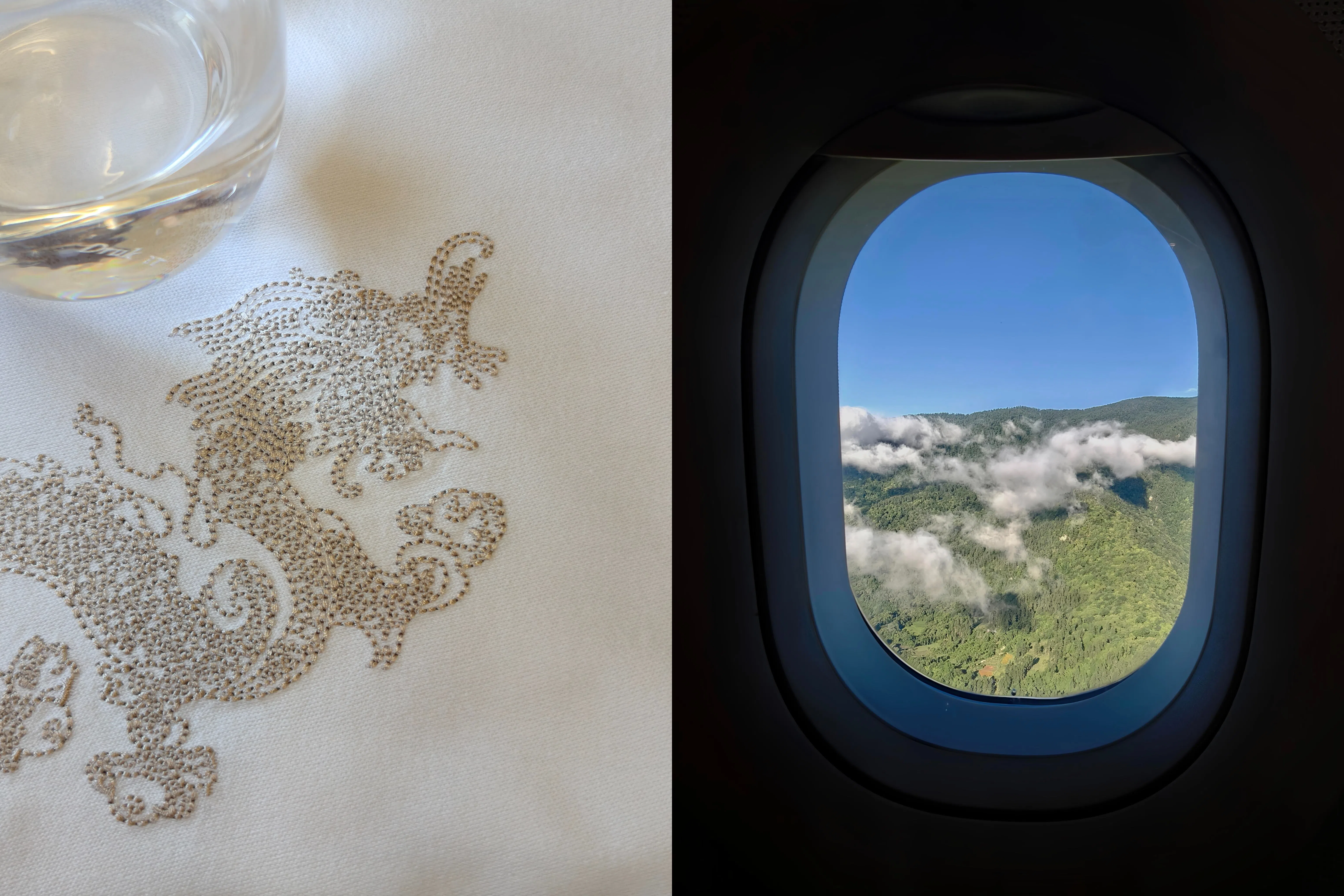 不丹又称“雷龙之国”，国旗与航空标志上皆绘有龙形（左），是藏传佛教的重要意象。飞机贴山而行，山峦近在窗前（右）。（陈默汎摄）