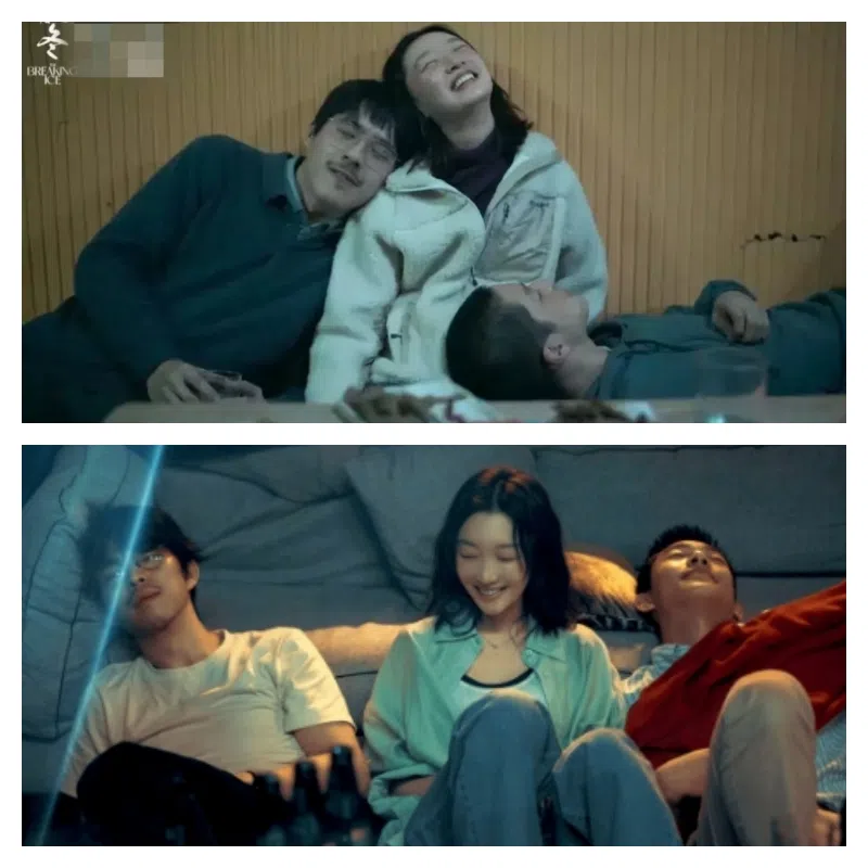 周冬雨在《燃冬》（上图）及《鹦鹉杀》（下图），共和四名不同男主角闹三角恋。（互联网）