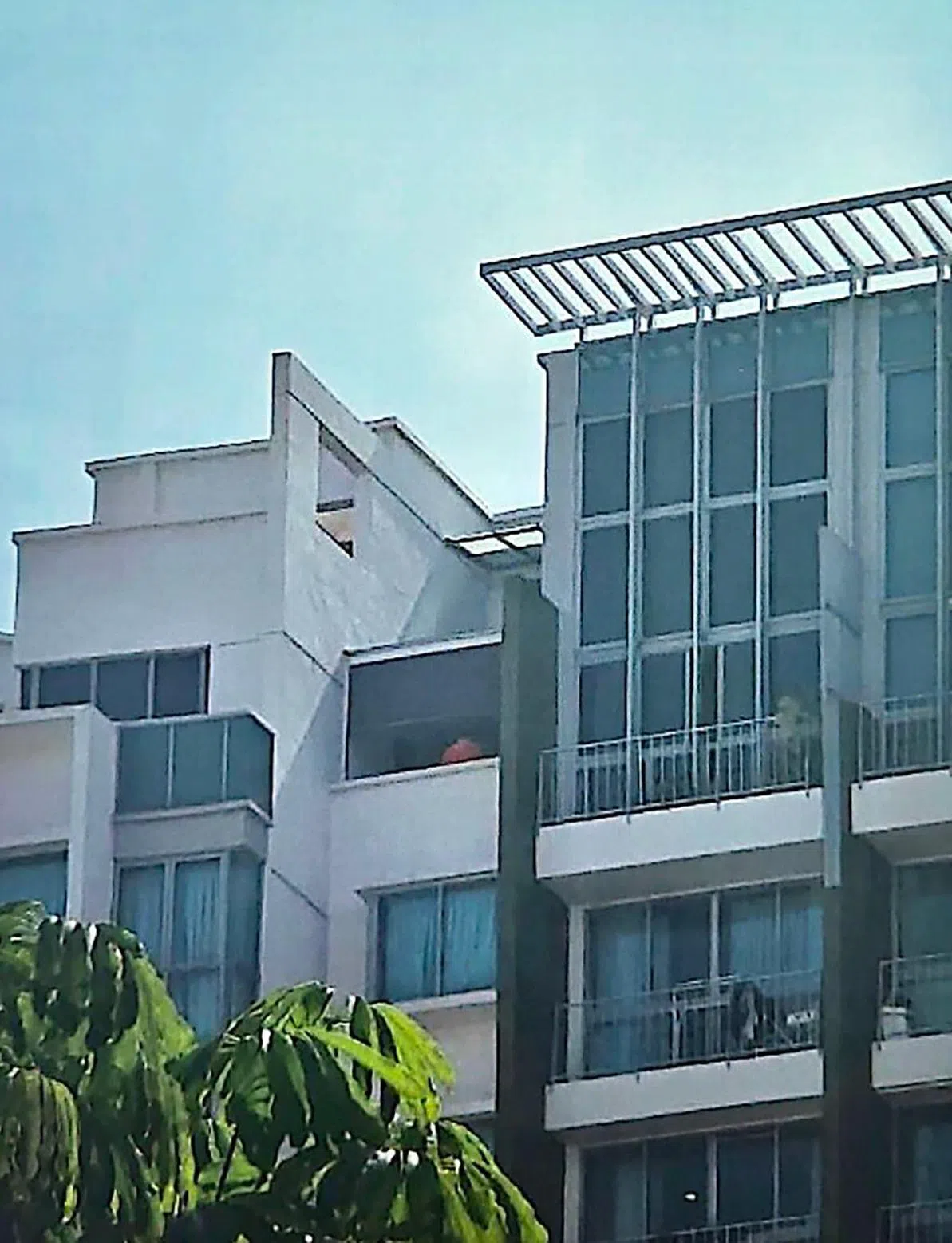 红框所示为勿洛阜景园（Tanamera Crest）公寓顶层涉案单位。女屋主购入时露台已加装固定遮阳篷，三侧附墙。公寓管委会指她擅用共有物业并破坏外观，要求拆除，但诉求遭分层地契局驳回。管委会已提出上诉，案件尚待审理。（取自判词）