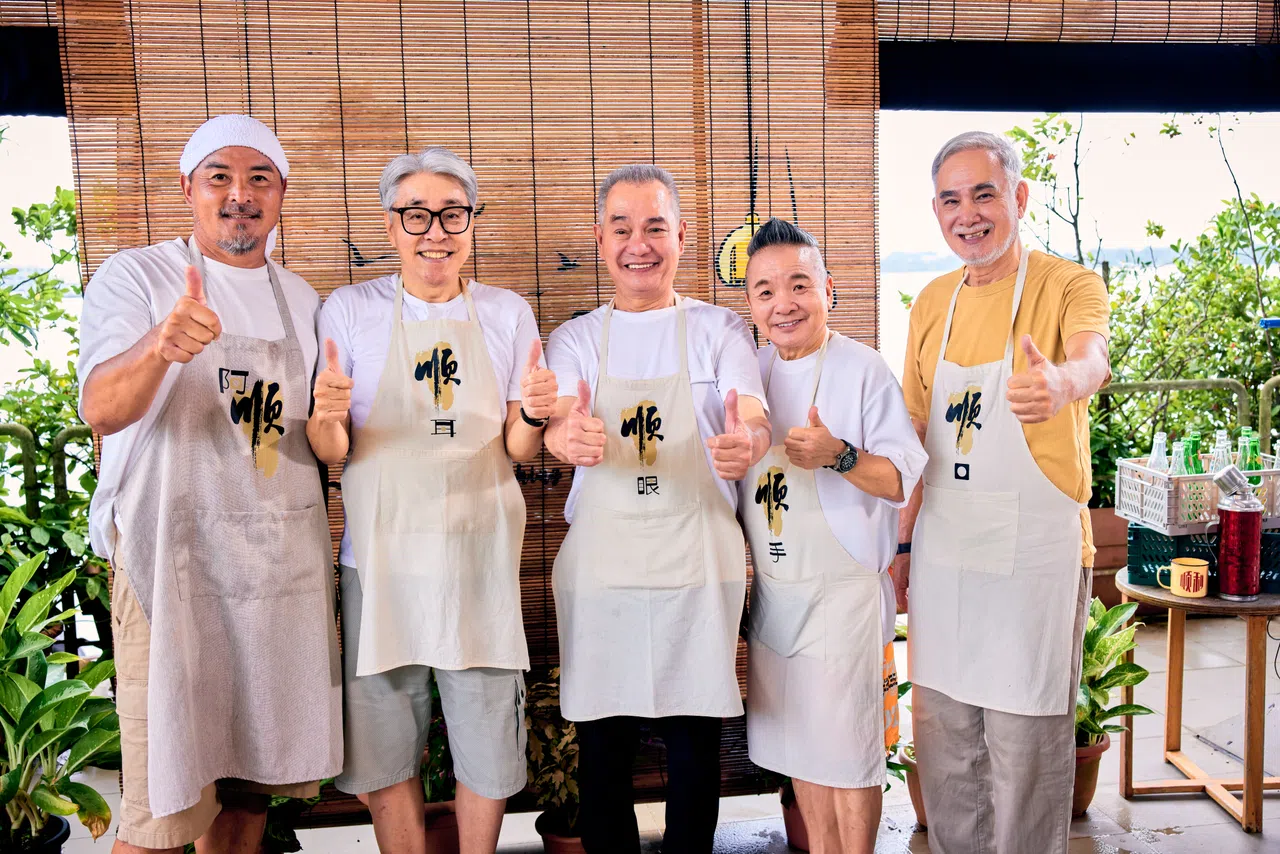 本季“顺客”包括资深男艺人朱厚任（右起）、陈建彬、刘谦宜和陈澍城。（新传媒提供）